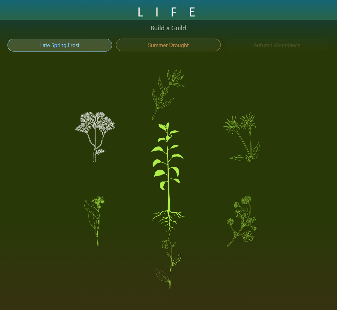 Life Happens game — a pear sapling surrounded by six guild beings