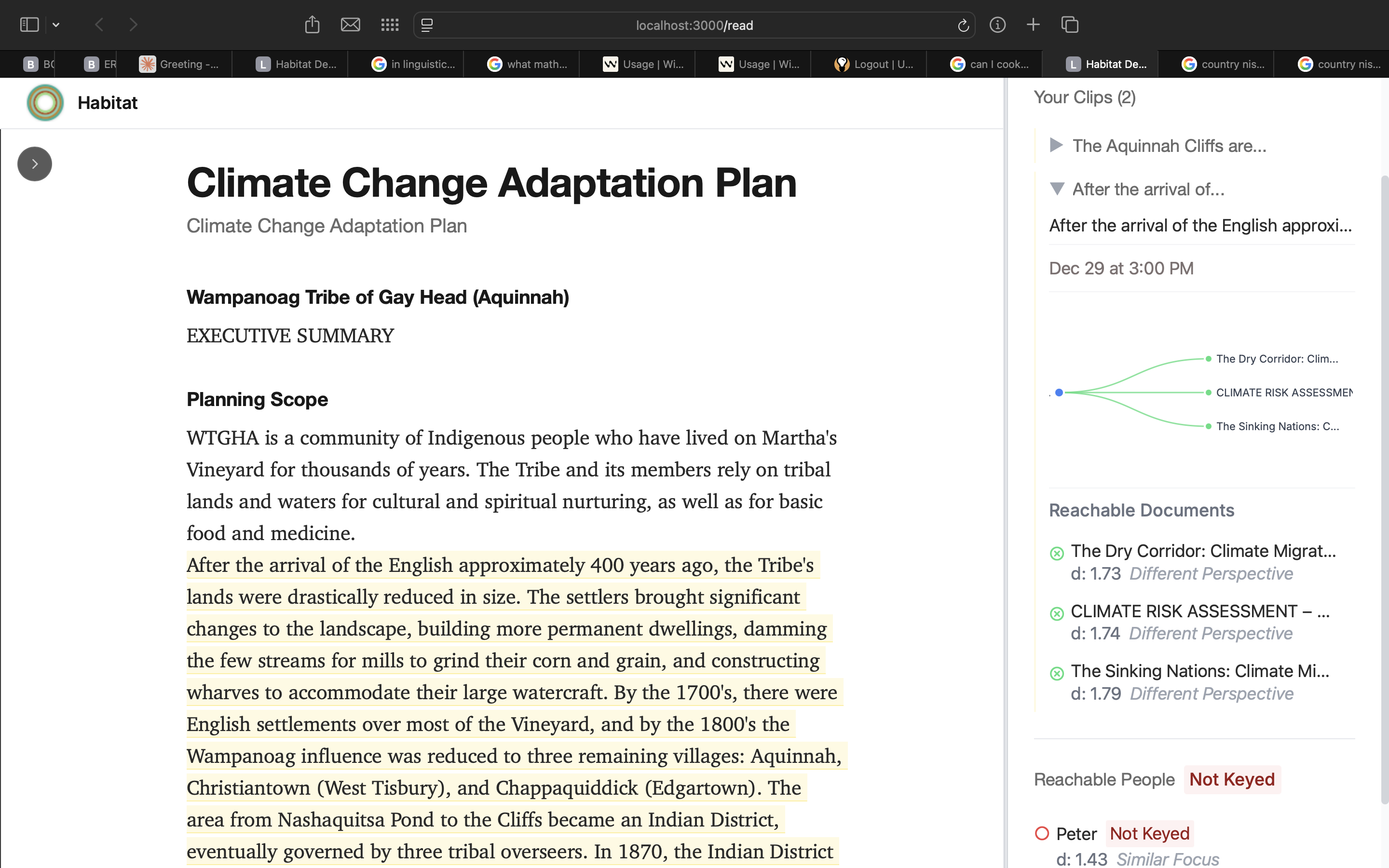 Habitat Read — clipping passages from a Climate Change Adaptation Plan, with reachable documents and social connections visible